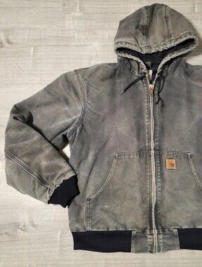 VINTAGE CARHARTT J130 BLK Faded Black Worn Zip Up Hooded Workwear Jacket Large